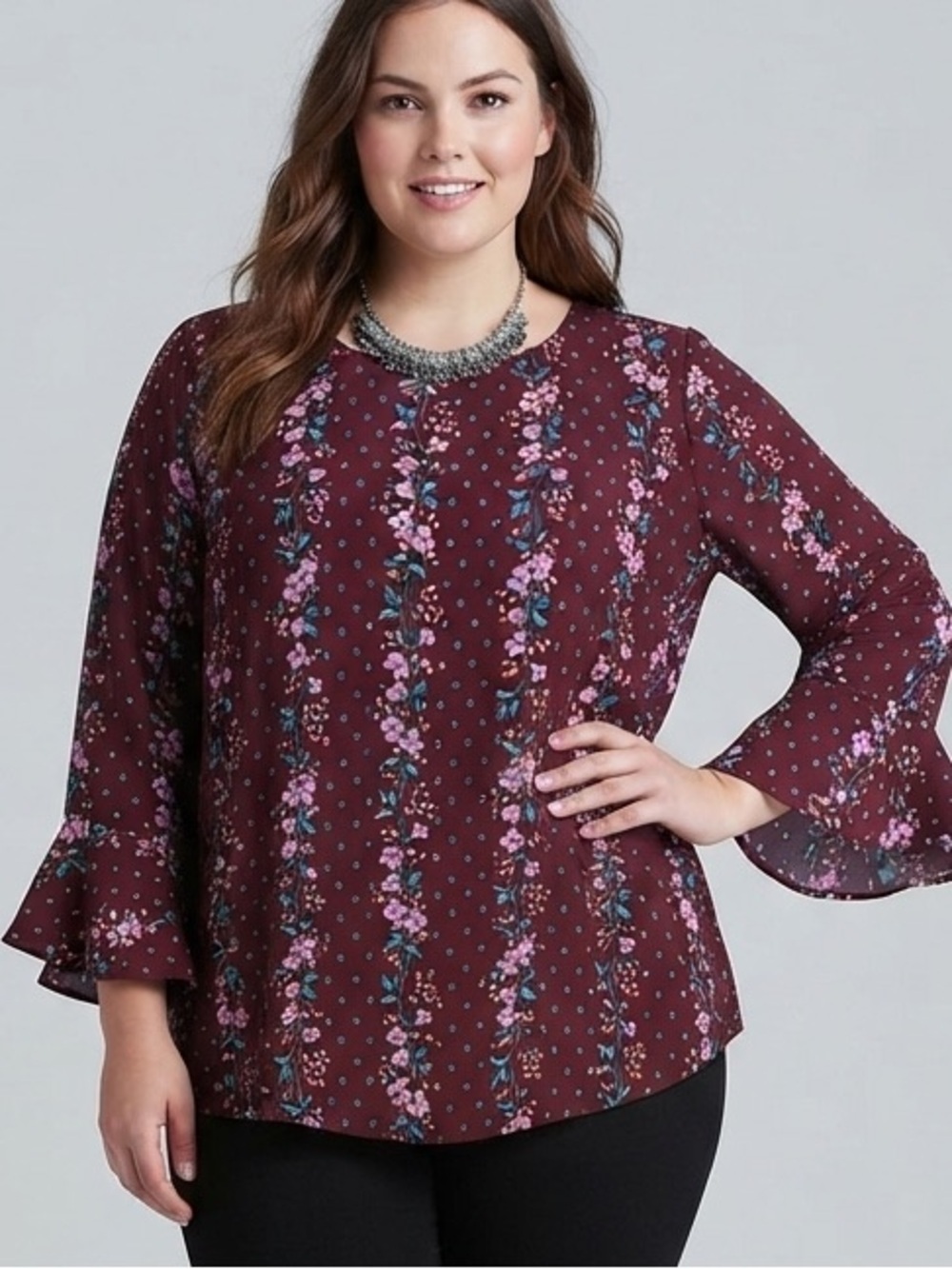 OLD NAVY Floral Split Neck Burgundy Blouse Bell Sleeves XL